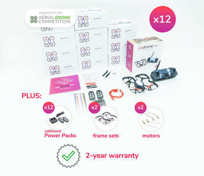 Robolink CoDrone EDU Classroom Pack includes 12 drones, power packs, frame sets, motors, and a two-year warranty.