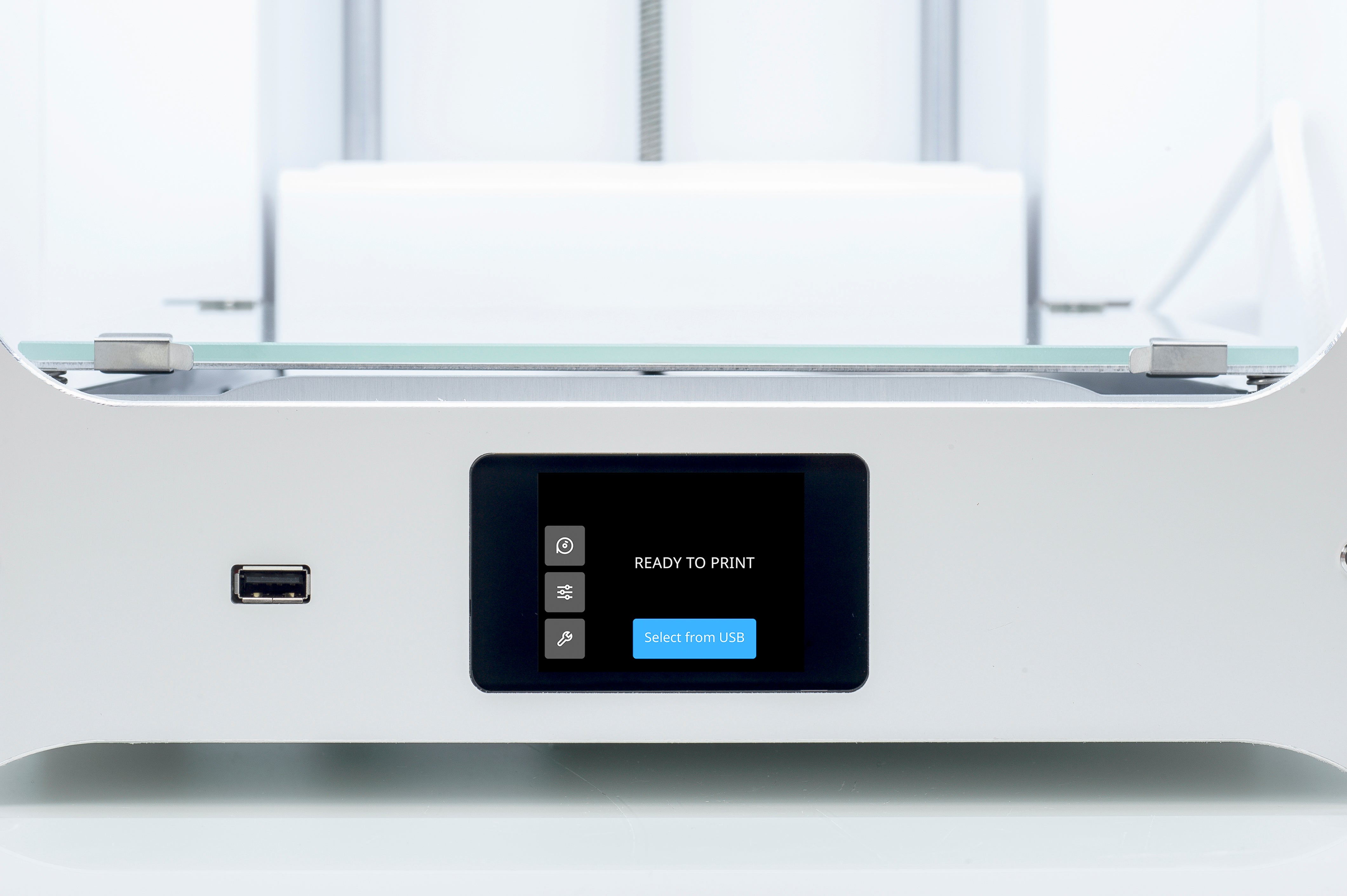 Close-up of Ultimaker 2+ Connect 3D printer control panel displaying 'READY TO PRINT' message.