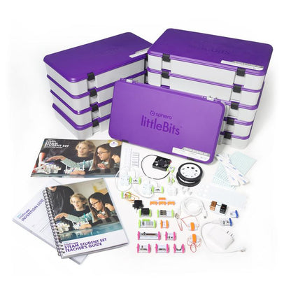 LittleBits STEAM Student Set Class Pack with 10 kits, including tools, guides, and materials for hands-on learning.