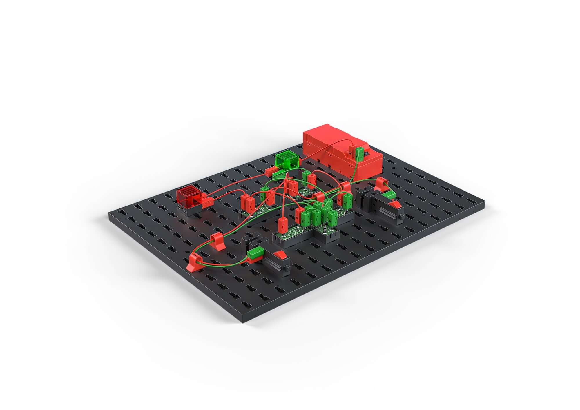STEM Electronics layout showcasing colorful components on a black board, promoting sustainable electronics education.