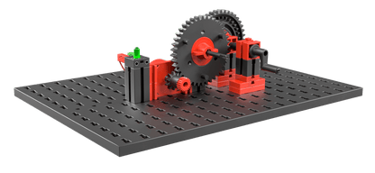 STEM renewable energies model with gears and components demonstrating principles of sustainable energy.