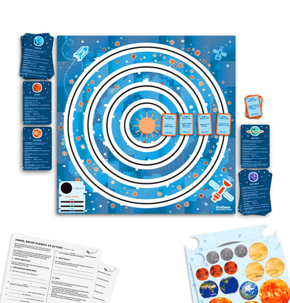 OzoGoes to the Solar System educational game board featuring planets, sun, and activity cards for STEAM learning.
