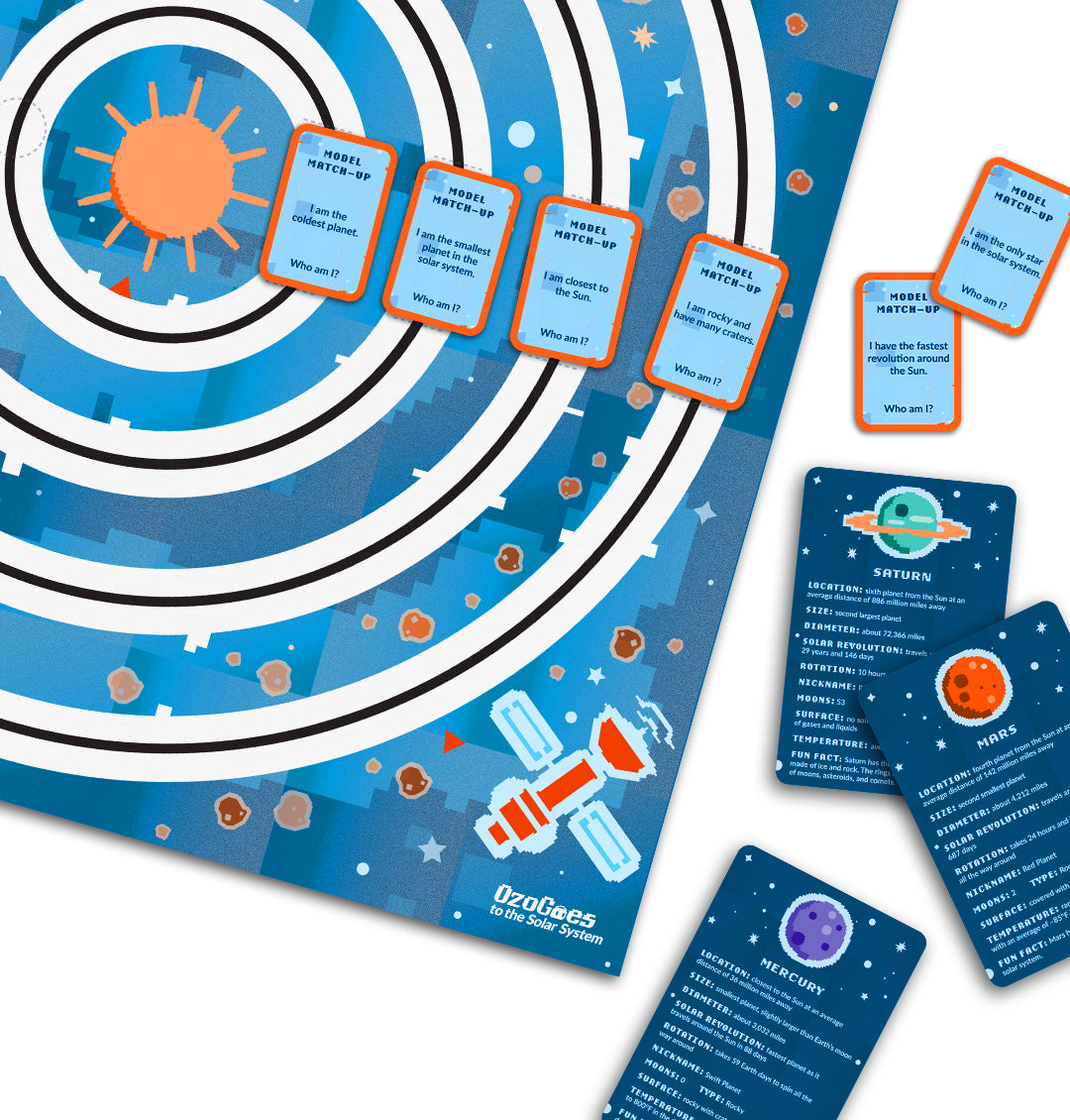OzoGoes to the Solar System board game with planet cards and activity prompts for STEAM learning.