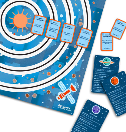 OzoGoes to the Solar System board game with planet cards and activity prompts for STEAM learning.