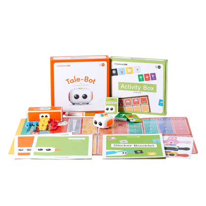 Tale-Bot educational coding robot with activity box and materials for kids learning storytelling and coding.