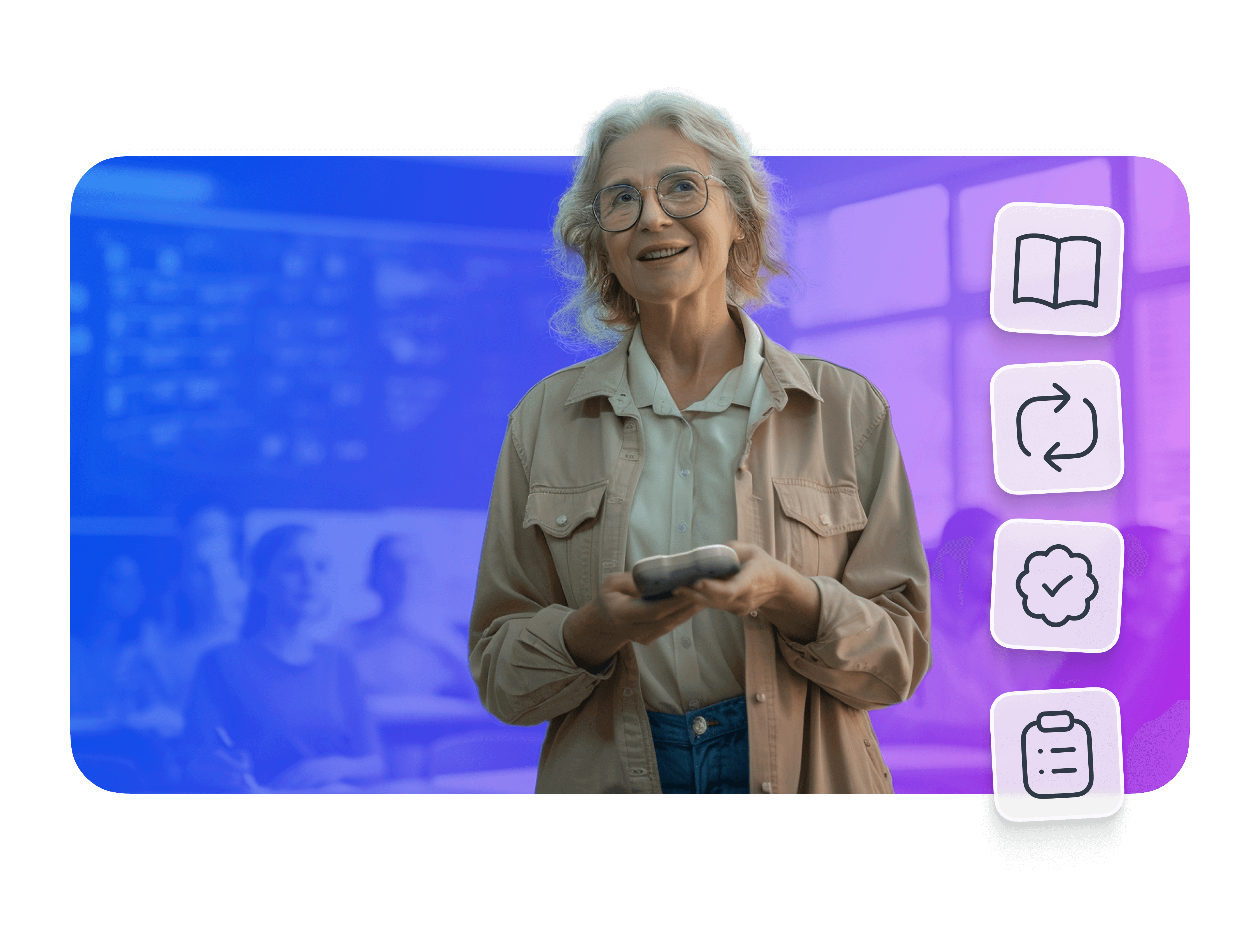 Cheerful older woman holding a remote in a classroom, with icons for education and technology in the background.