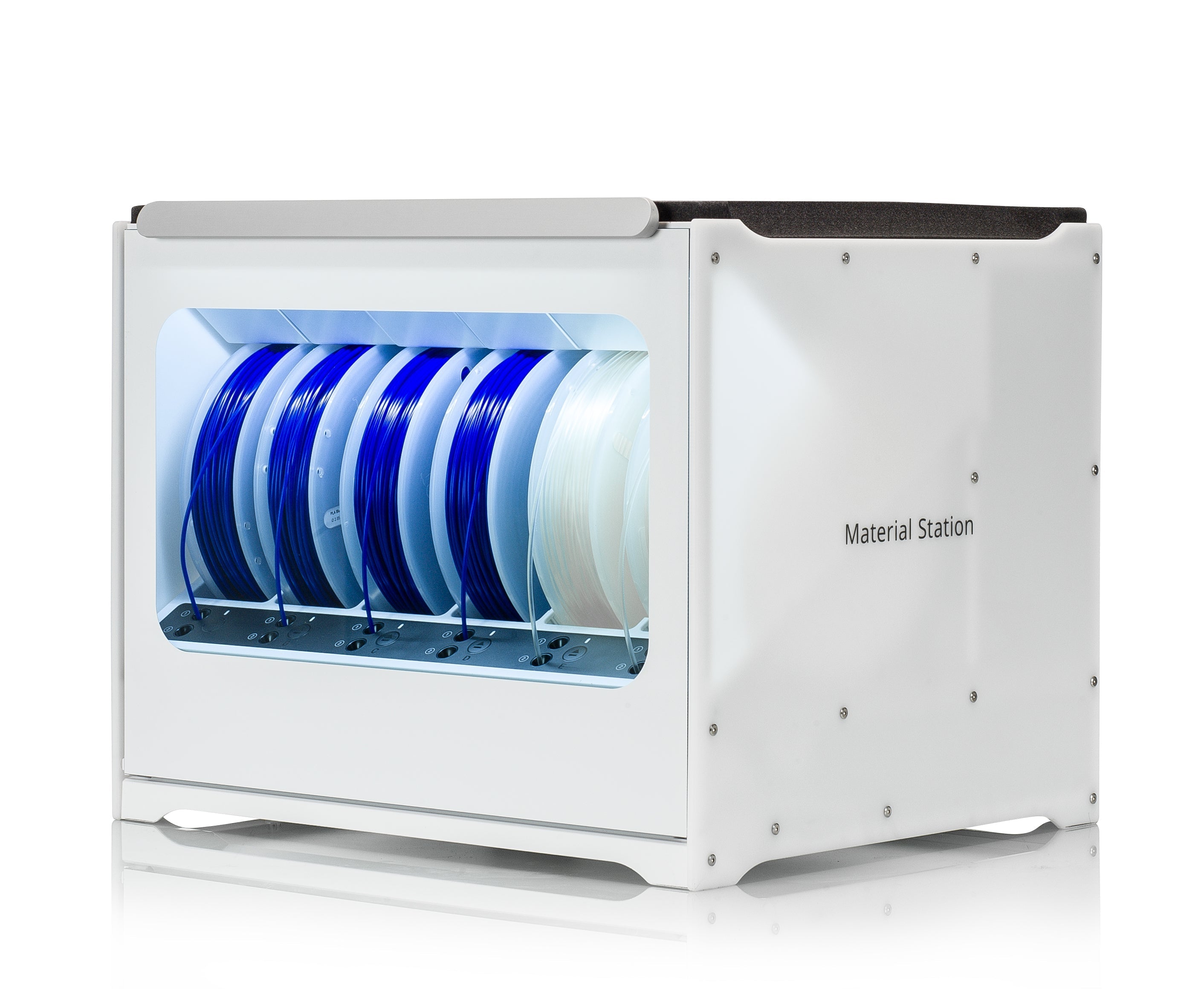 Ultimaker S5 Material Station showcasing six spools of filament for 3D printing storage and organization.