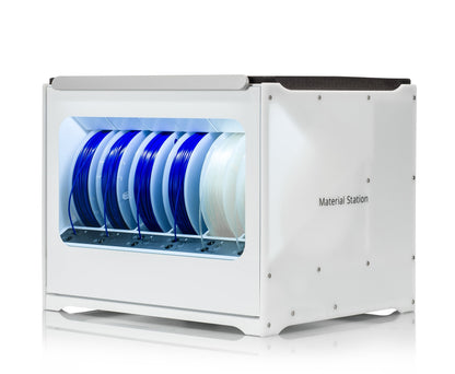 Ultimaker S5 Material Station showcasing six spools of filament for 3D printing storage and organization.