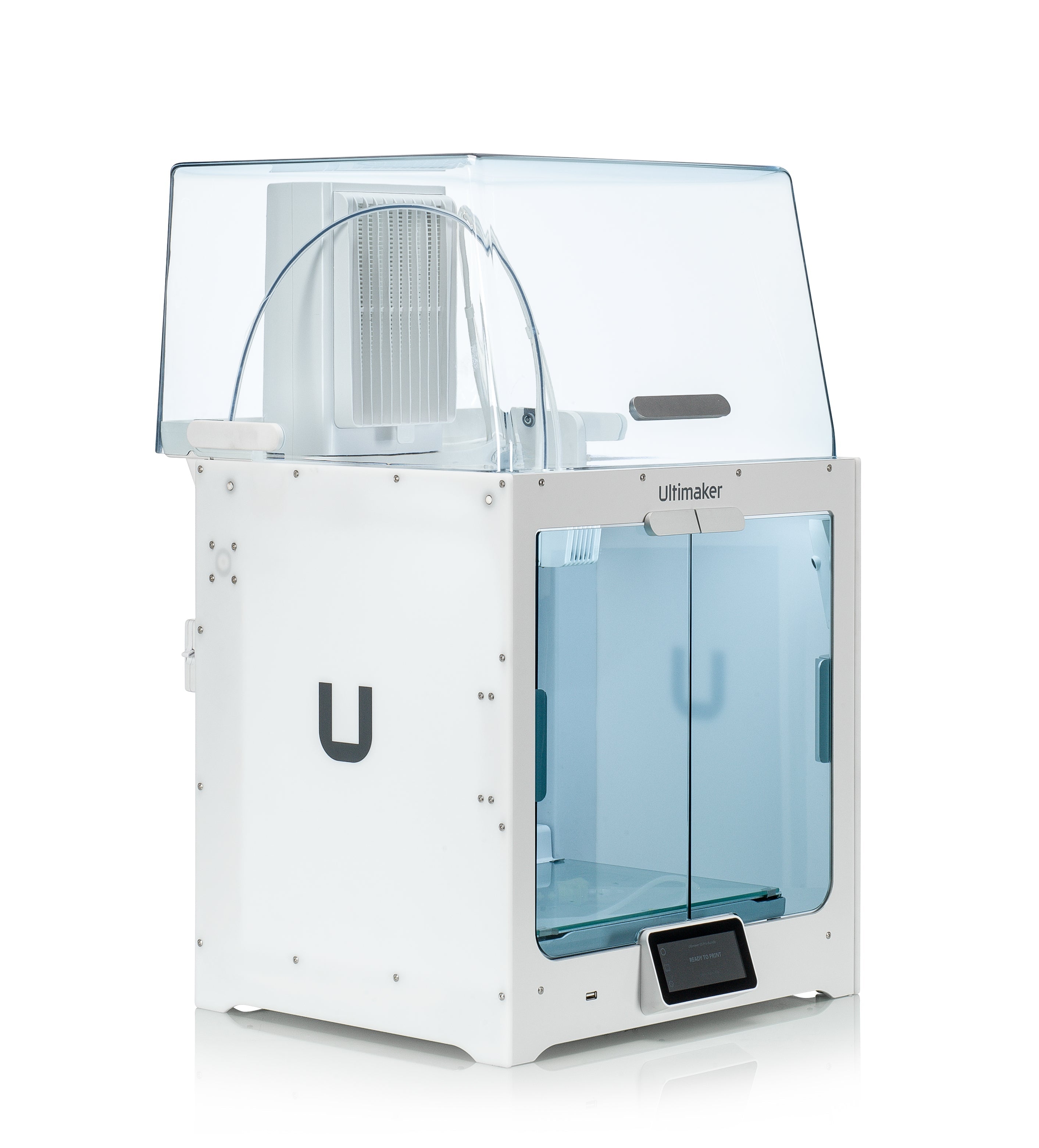 Ultimaker 2+ Connect Bundle 3D printer showcasing clear enclosure and touchscreen interface, ideal for remote printing.