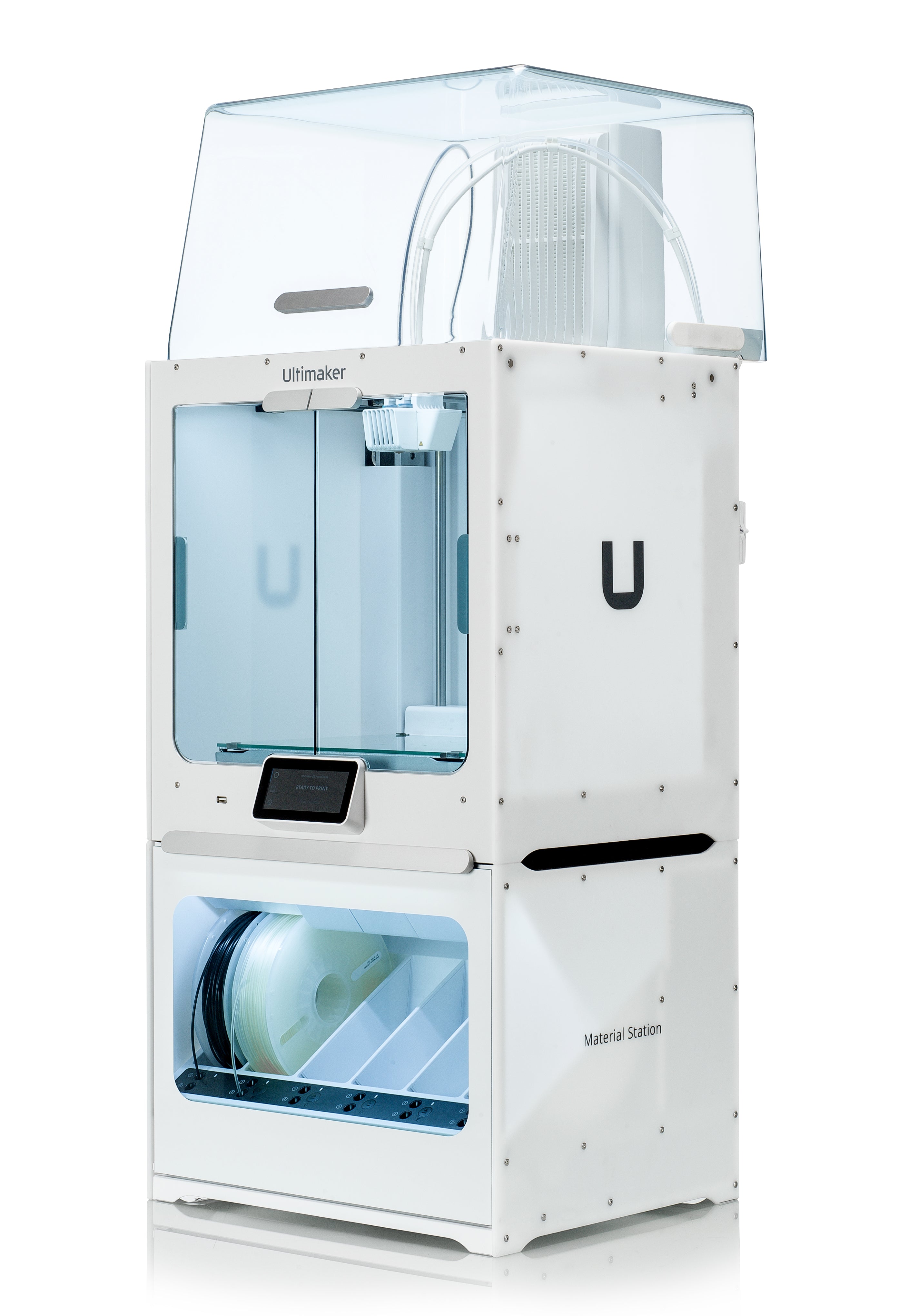 Ultimaker S5 Material Station for 3D printing, featuring 6-spool storage and air filtration system.