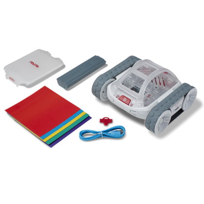 Sphero RVR+ programmable robot with sensors, battery, and colorful coding mats for educational use.