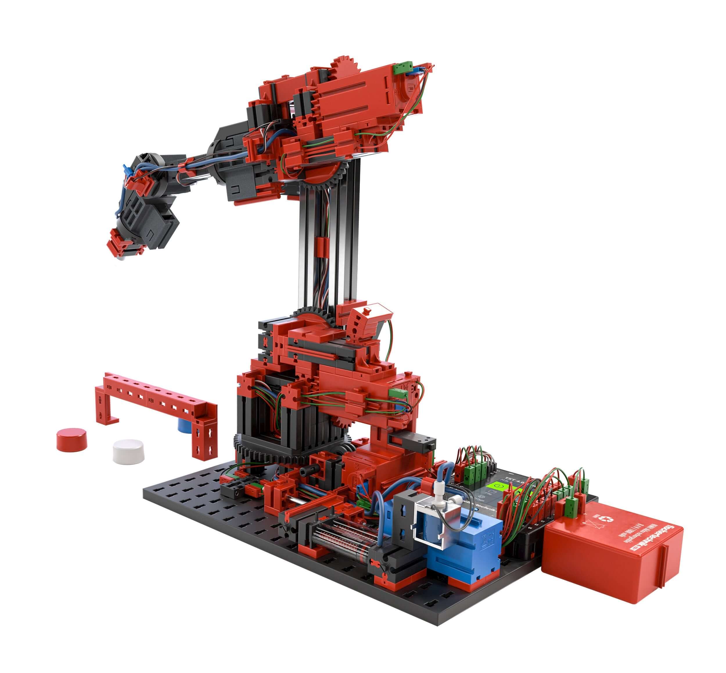 Realistic six-axle robot model for STEM coding education, designed for pupil assembly and programming.