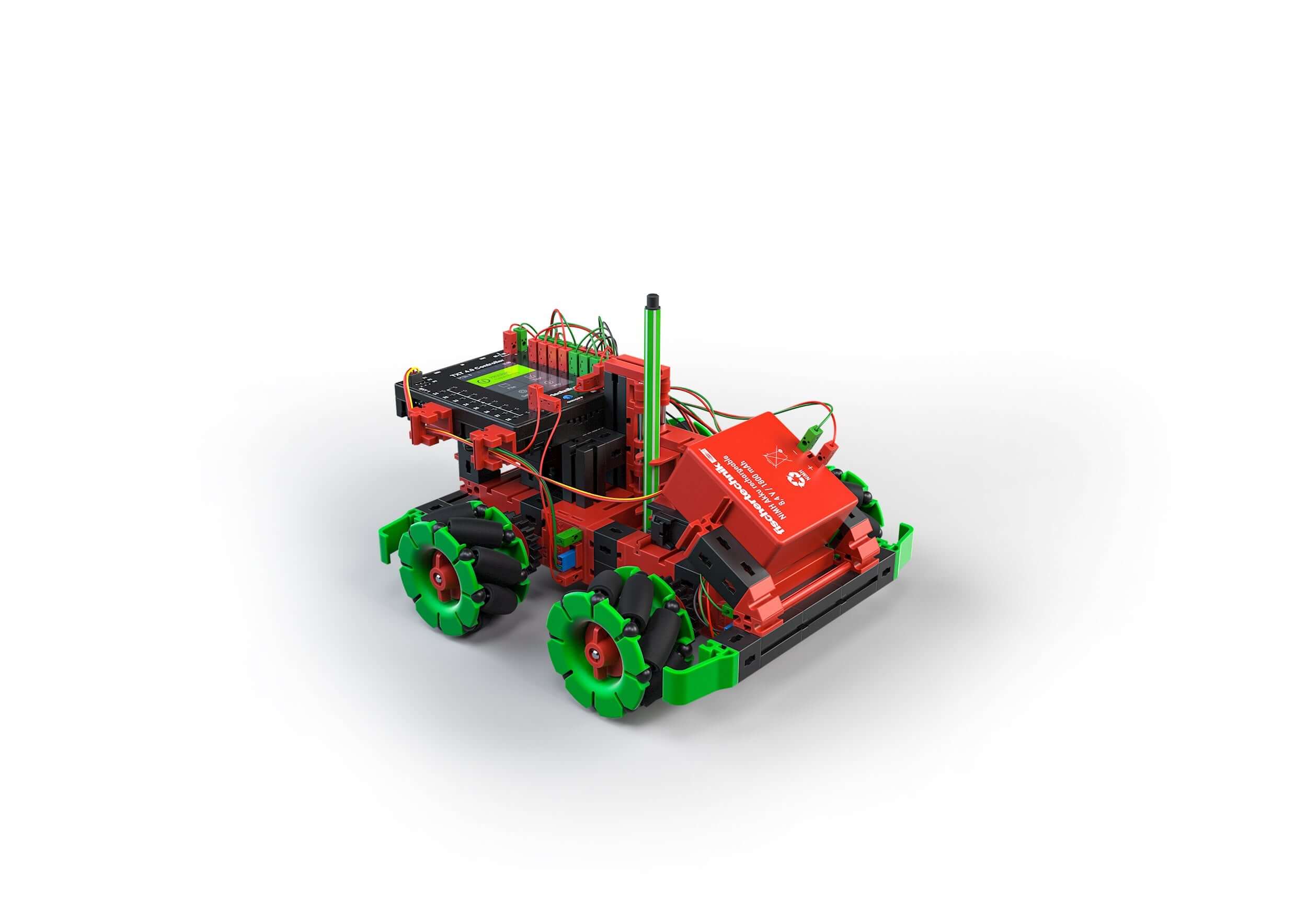 Omniwheels Add-On set for Robotics TXT 4.0 Base Set, showcasing a vibrant red and green robotic vehicle design.