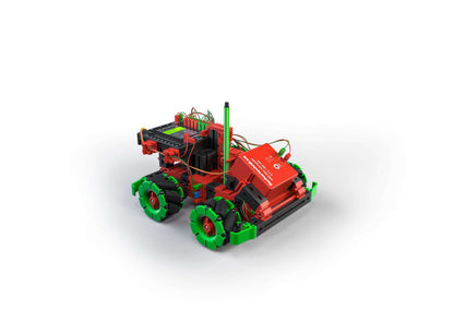 Omniwheels Add-On set for Robotics TXT 4.0 Base Set, showcasing a vibrant red and green robotic vehicle design.