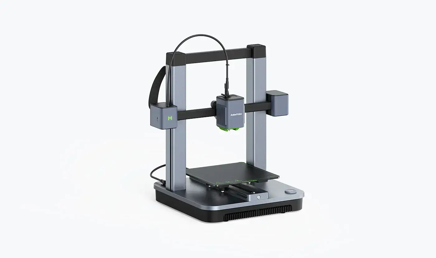 AnkerMake M5C-B 3D printer with auto-levelling and high-speed print features on a sleek base.