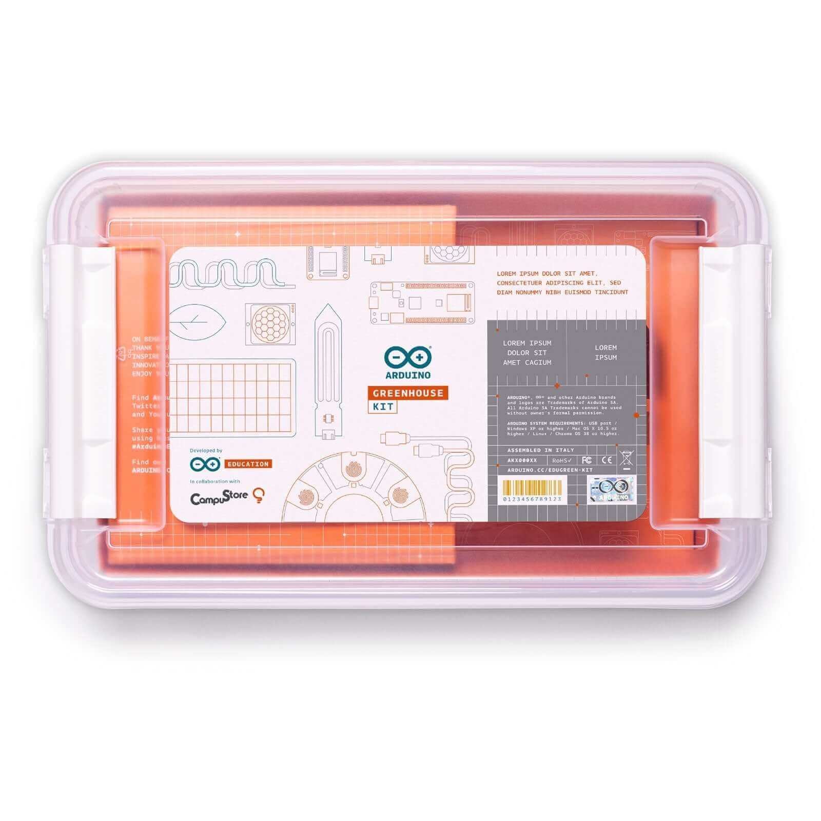 Top view of the Arduino Education Greenhouse Kit in a clear container, showcasing its innovative design for urban farming solutions.