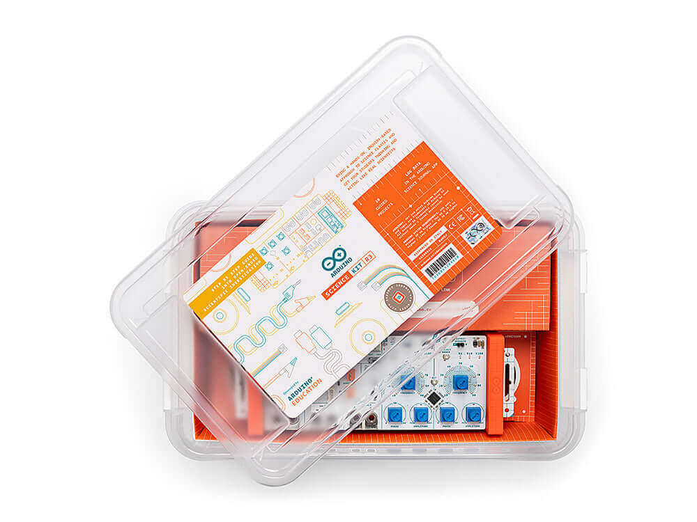 Arduino Education Science Kit REV 3 featuring interactive components and colorful packaging in a clear storage box.