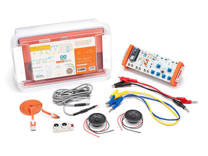 Arduino Education Science Kit REV 3 with components including wires, sensors, and interactive tools for educational experiments.