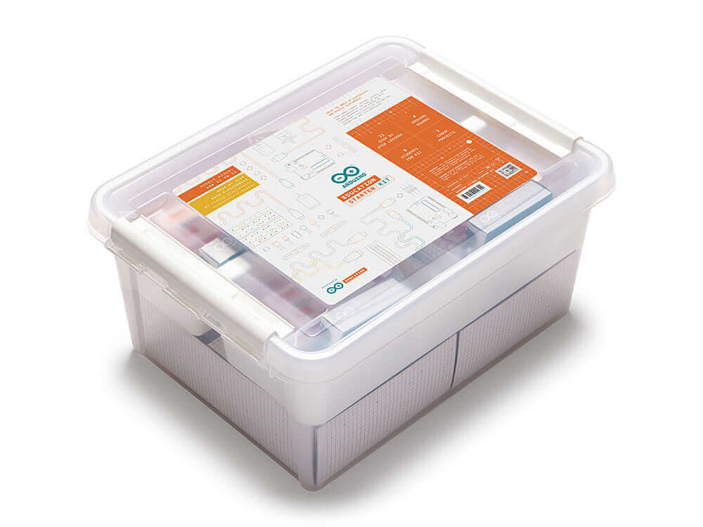 Arduino Education Starter Set in a clear container for teaching programming and electronics to middle school students.