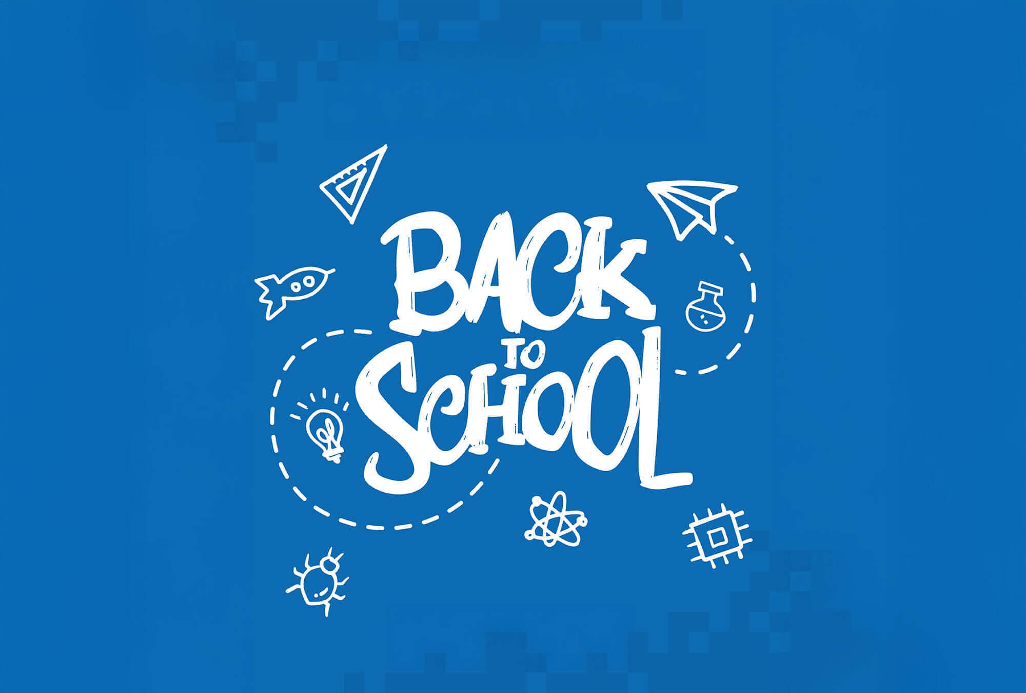 Colorful back to school graphic with fun illustrations and playful lettering on a blue background.