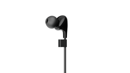 Black wired earbuds with a sleek design, showcasing the earbud and connector details.