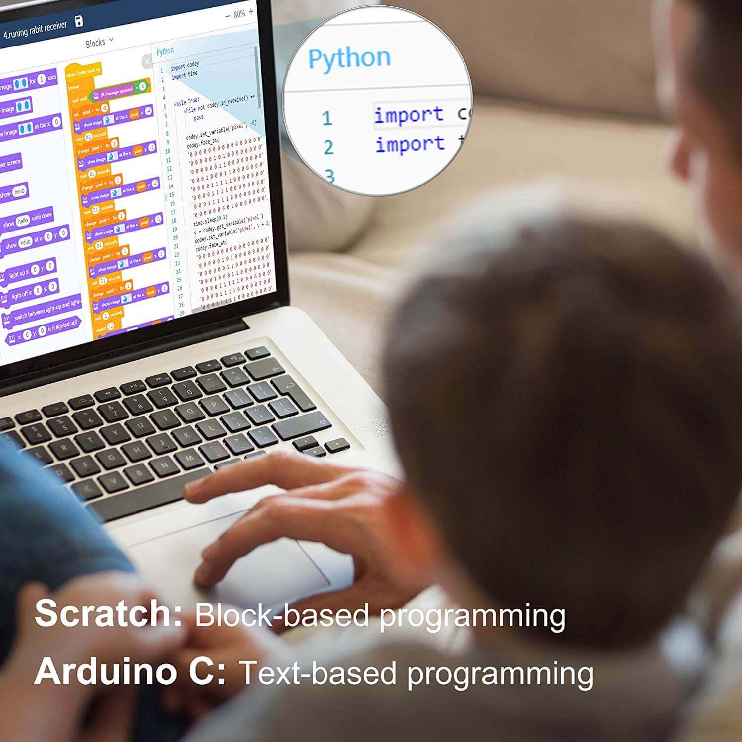 Child programming on laptop showcasing Scratch and Arduino C educational tools.
