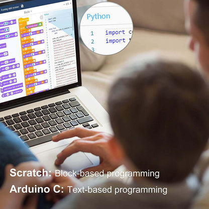 Child programming on laptop showcasing Scratch and Arduino C educational tools.