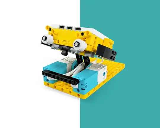 Colorful robotic model made from building blocks showcasing creativity and engineering skills.