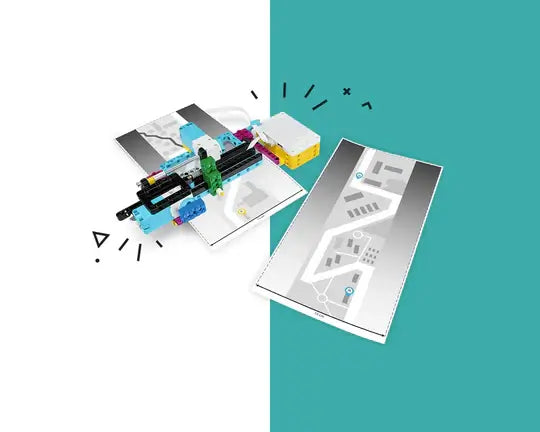 Colorful robotics kit with paper blueprints, showcasing creative building and design activities.