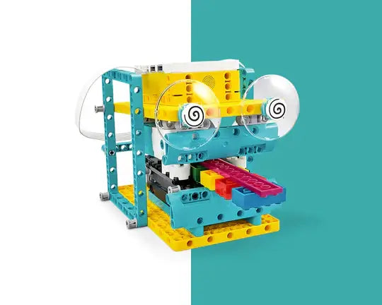 Colorful LEGO creation resembling a quirky creature with spinning eyes and a vibrant tongue made of building blocks.