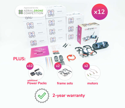 Robolink CoDrone EDU Classroom Pack includes 12 drones, power packs, frame sets, motors, and a two-year warranty.