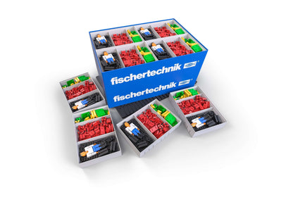 Fischertechnik CLASS SET Basics with colorful building pieces for elementary school creativity and learning.