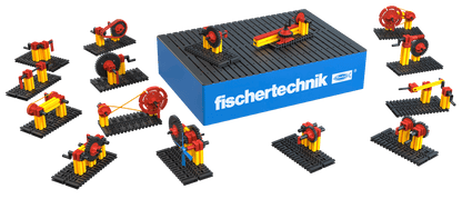 CLASS SET Gears by Fischertechnik, showcasing colorful models demonstrating gear mechanics for primary education.