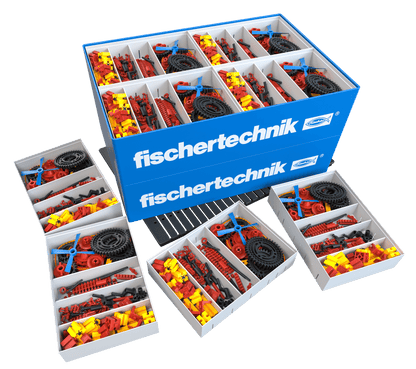 Fischertechnik CLASS SET gears product showing colorful gear components in organized boxes for educational use.