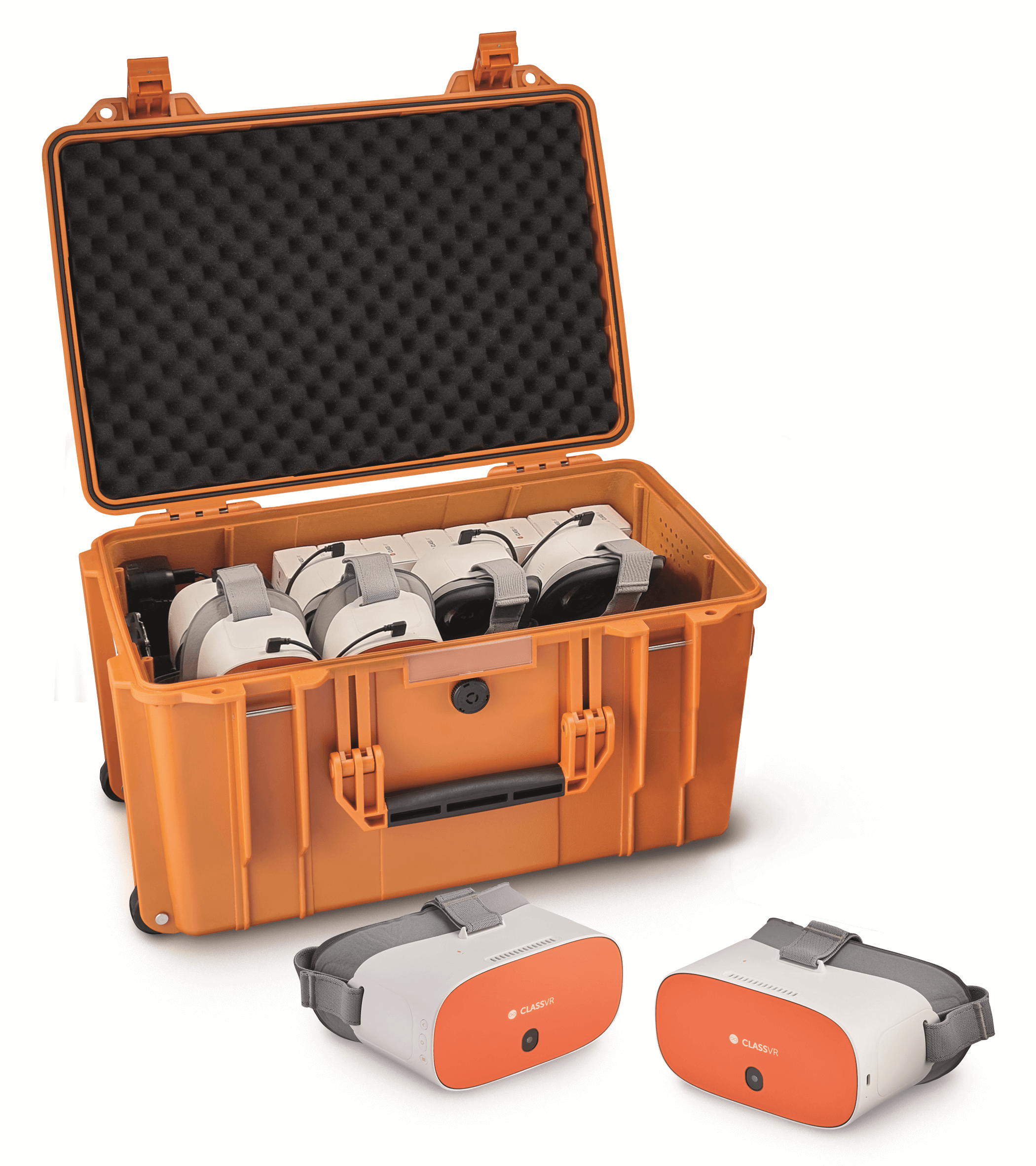 ClassVR Premium set of 8 virtual reality headsets in an orange protective case for educational use.