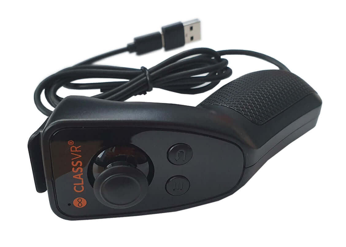 ClassVR USB hand controller featuring joystick, buttons, and wired connection for interactive VR experiences.