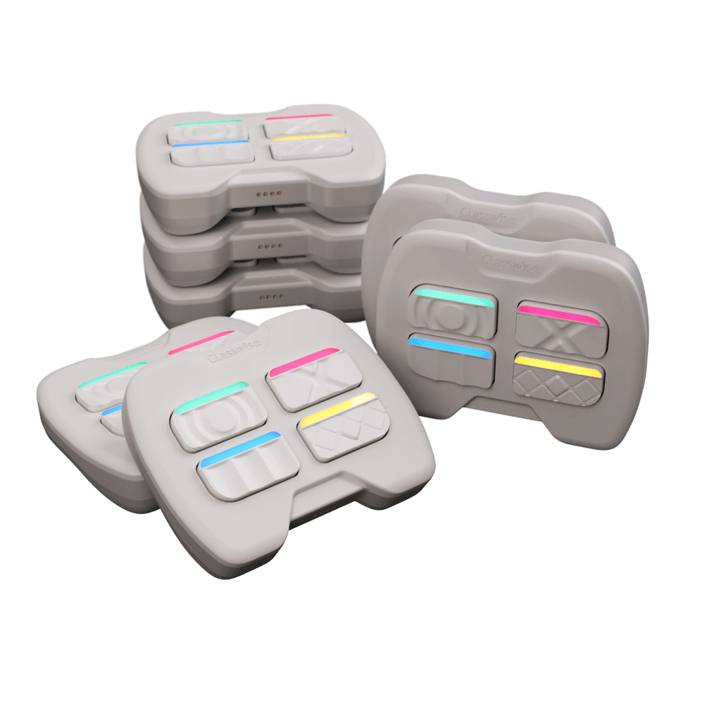 Set of 10 Classwise Classpads for gamified education, featuring multimedia interactive buttons in various colors.