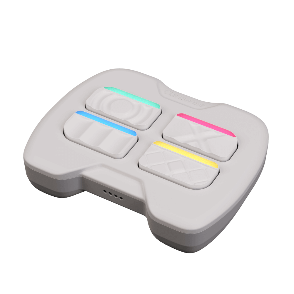 White educational gamification controller with colorful interactive buttons for engaging classroom activities.