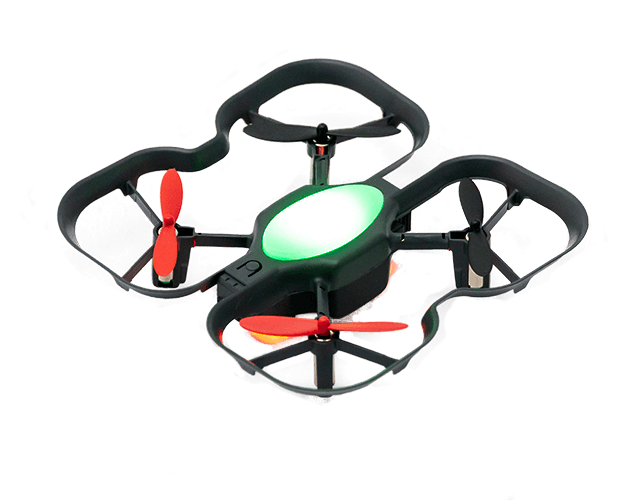Robolink CoDrone EDU drone with red propellers and programmable lights, designed for learning coding and engineering.