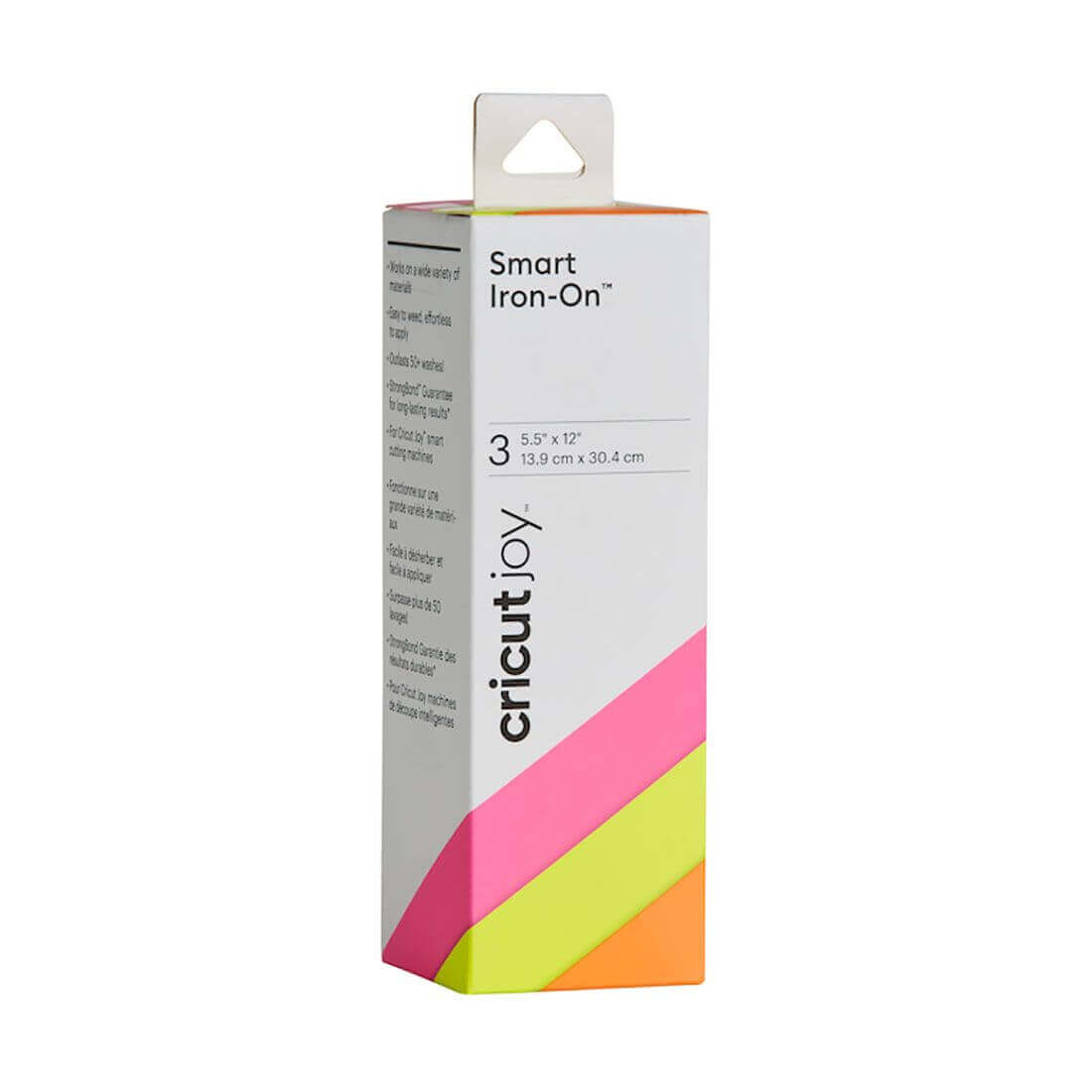 Cricut Joy Smart Iron-On sampler packaging featuring neon colors, 3 sheets 5.5x12 inches for easy crafting.