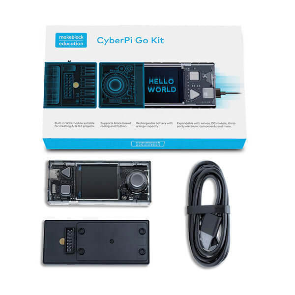 CyberPi Go Kit with microcomputer, display, sensors, and cable for teaching AIoT and Python programming.