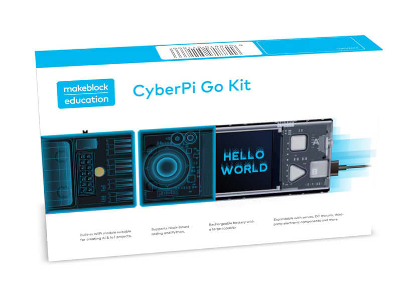 CyberPi Go Kit packaging showcasing AIoT and Python features with a full-colour display and user interface.