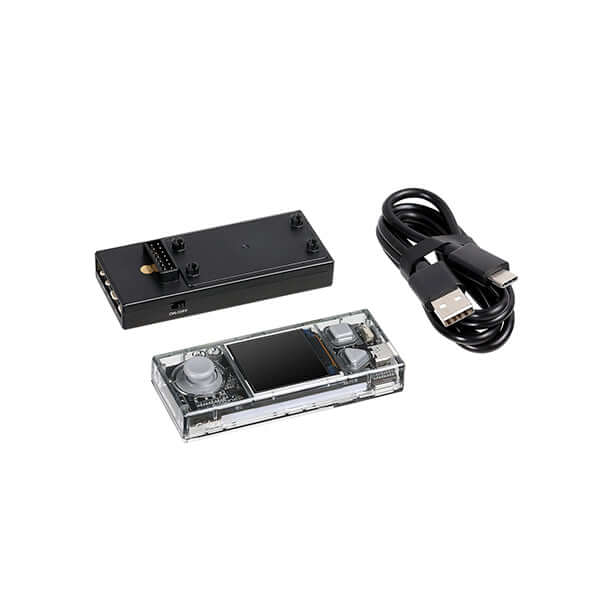 CyberPi Go Kit components: programmable microcomputer, module, and USB cable for AIoT and Python learning.