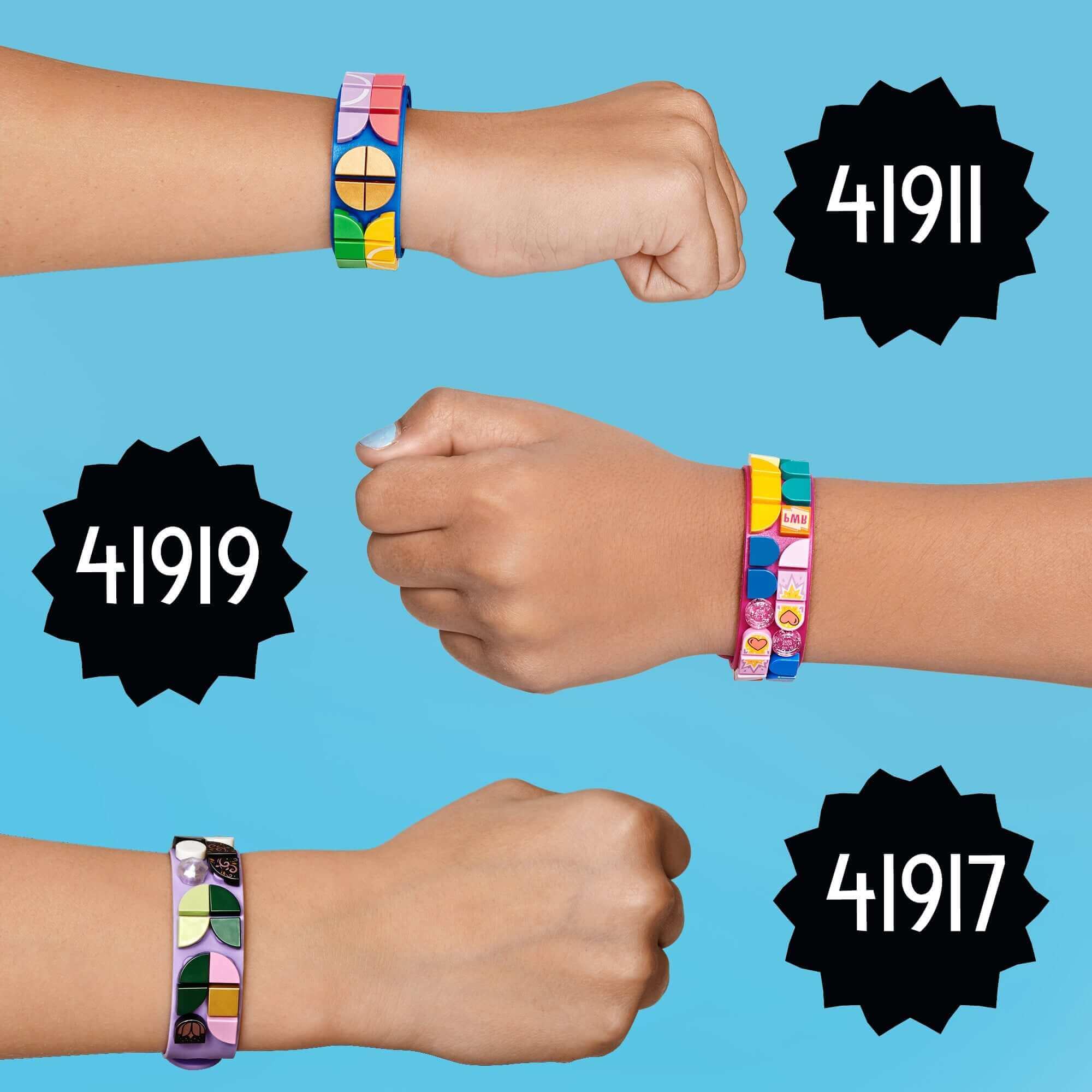 Colorful LEGO DOTS Go Team! DIY bracelet set featuring sporty designs for kids.