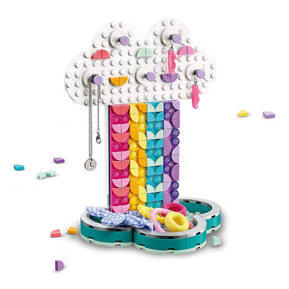 Colorful LEGO® DOTS Rainbow Jewellery Stand Set featuring cloud design and creative DIY storage for accessories.