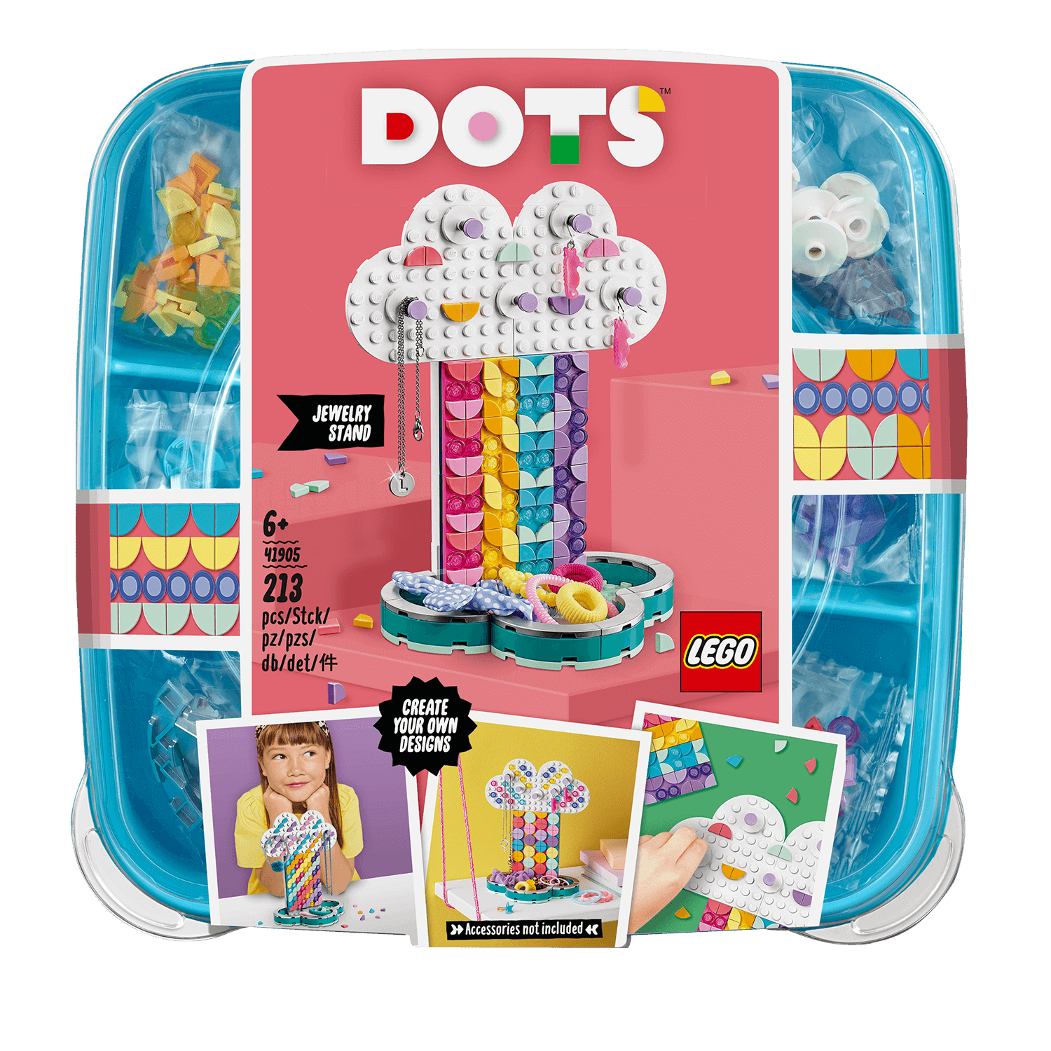 LEGO DOTS Rainbow Jewellery Stand Set 41905 with colorful pieces for kids' DIY creativity and design.