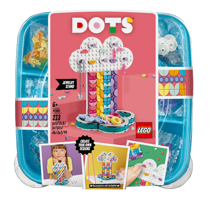  LEGO DOTS Rainbow Jewellery Stand Set 41905 with colorful pieces for kids' DIY creativity and design.