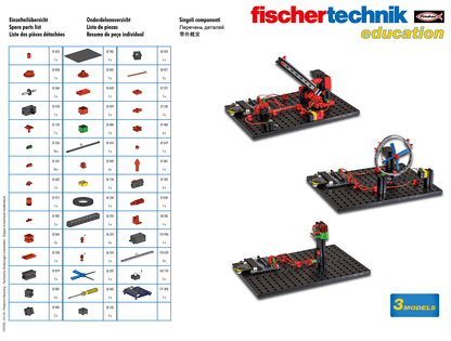 fischertechnik education spare parts list with three models displayed for educational building and engineering projects