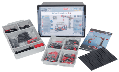 Mechanics 2.0 kit with components in boxes, featuring building instructions for understanding basic mechanics.