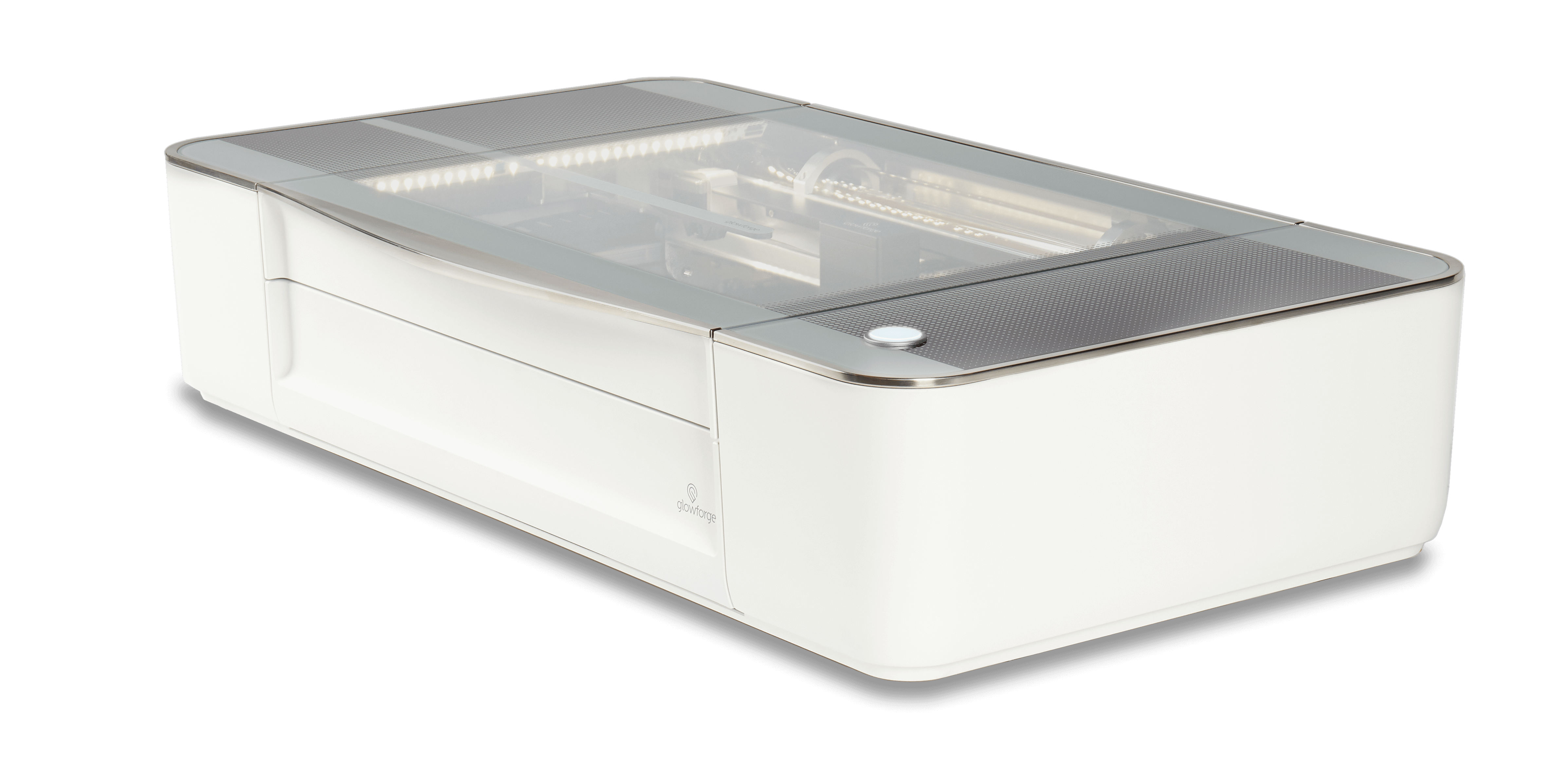 Glowforge Plus laser cutter, ideal for engraving and crafting, showcasing sleek design and advanced technology.